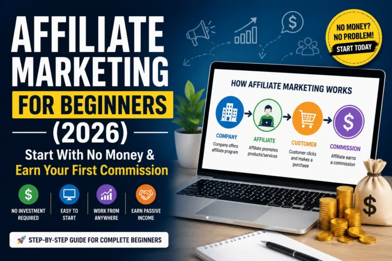 affiliate marketing for beginners 2026 guide showing how to start with no money and earn first commission