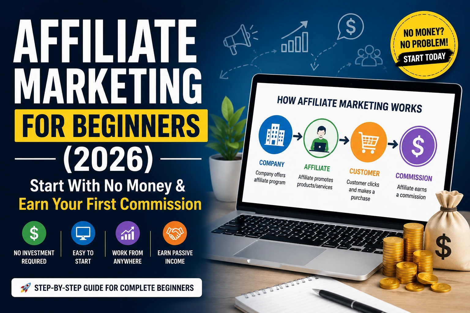 affiliate marketing for beginners 2026 guide showing how to start with no money and earn first commission
