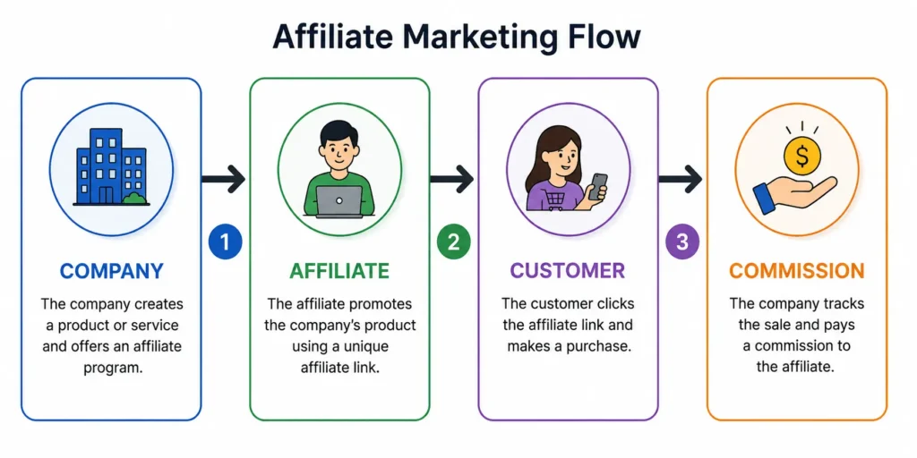 affiliate marketing for beginners flowchart showing company affiliate customer commission process