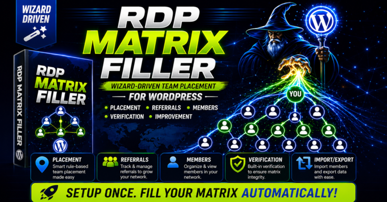 RDP Matrix Filler WordPress plugin showing wizard-driven team placement, referral management, member tracking, verification tools, and matrix import/export features.