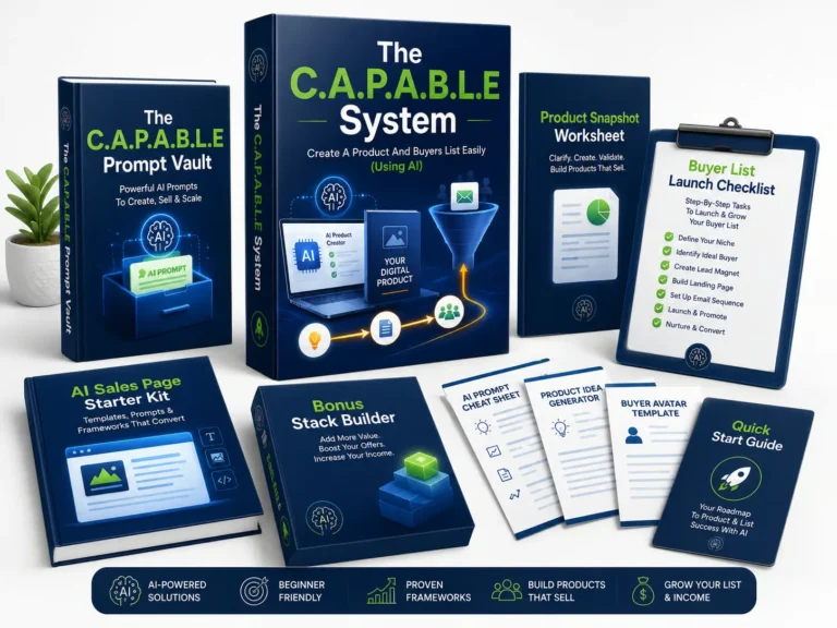 The CAPABLE System review showing the AI-powered product creation bundle with prompt vault, product snapshot worksheet, sales page starter kit, buyer list launch checklist, and bonus resources.