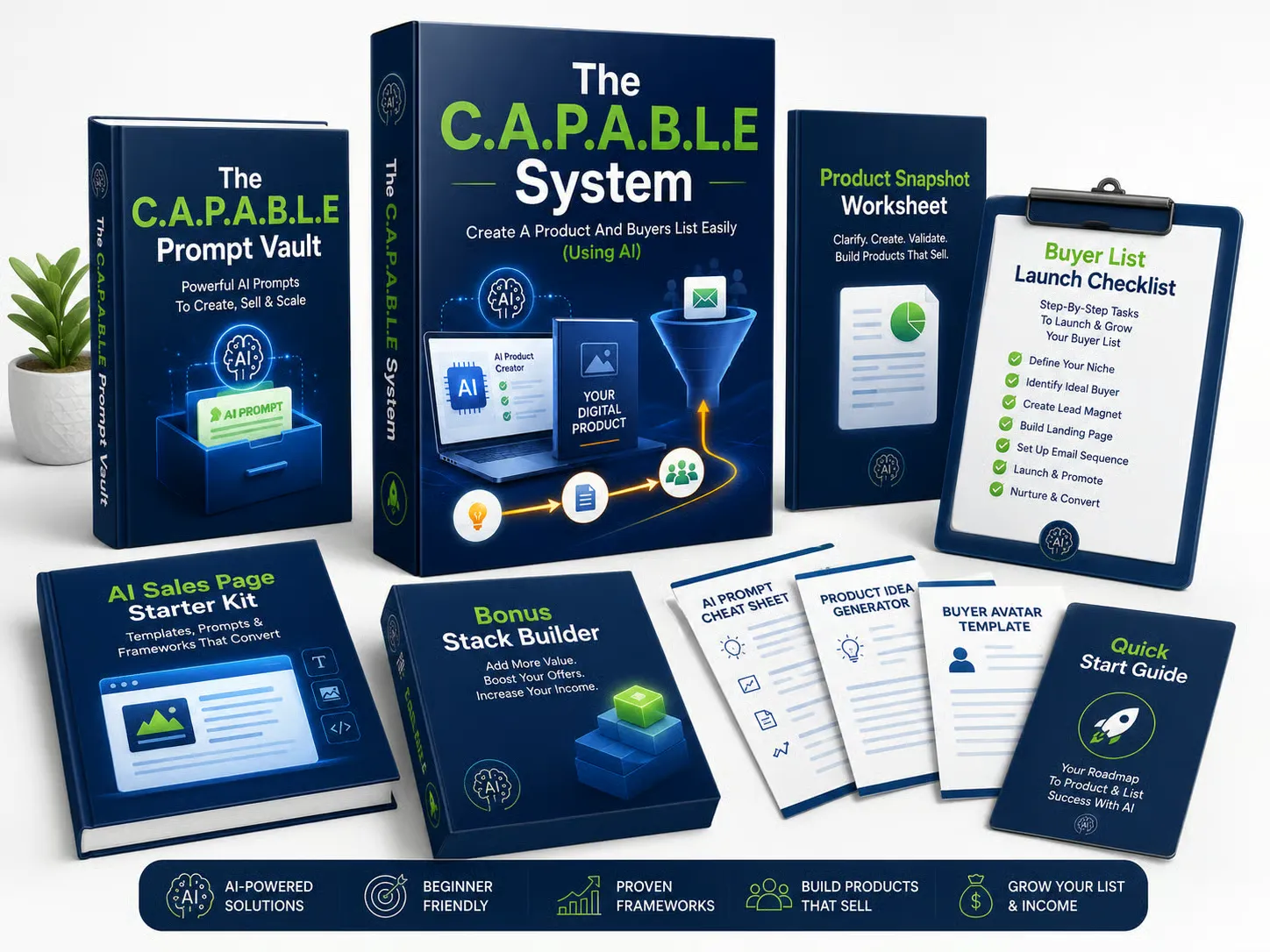 The CAPABLE System review showing the AI-powered product creation bundle with prompt vault, product snapshot worksheet, sales page starter kit, buyer list launch checklist, and bonus resources.