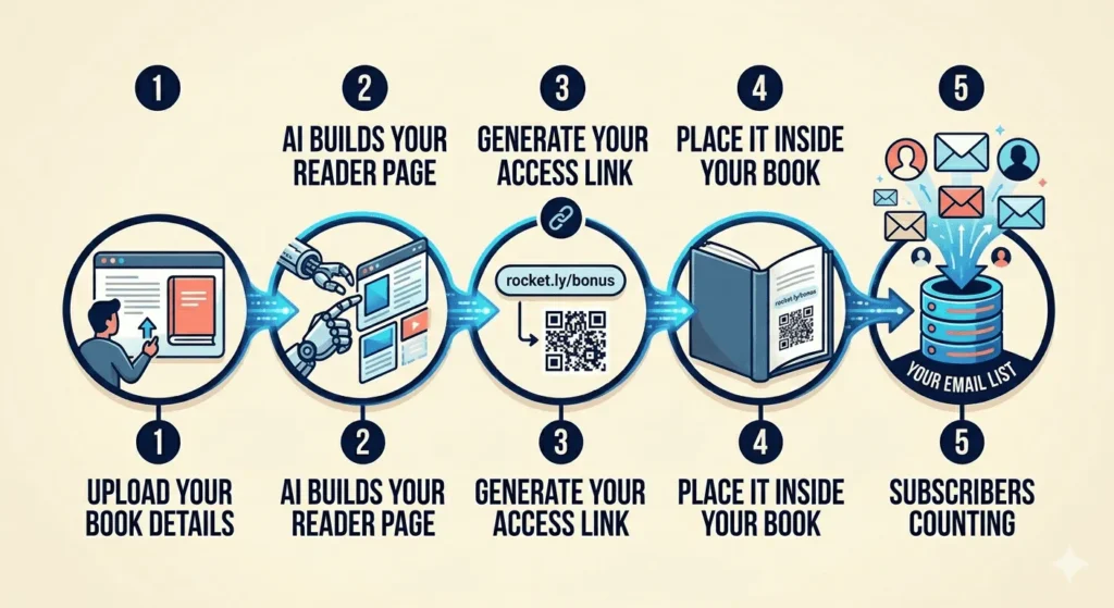 AI Reader Rocket step by step process showing how Amazon KDP authors collect reader emails through books