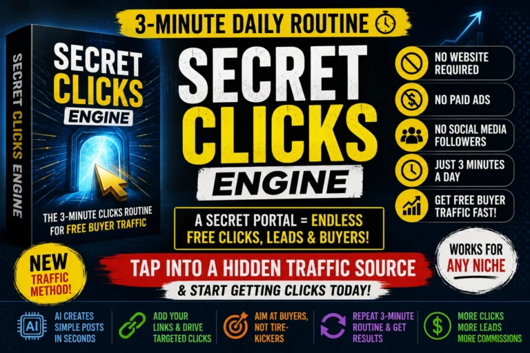 Secret Clicks Engine software showing a 3 minute daily traffic method to generate free buyer clicks without paid ads or websites