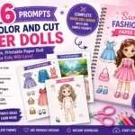 336 Prompts for Color and Cut Paper Dolls featured image showing printable paper doll templates, AI prompts, outfits, accessories, and activity book designs for Amazon KDP and Etsy sellers.
