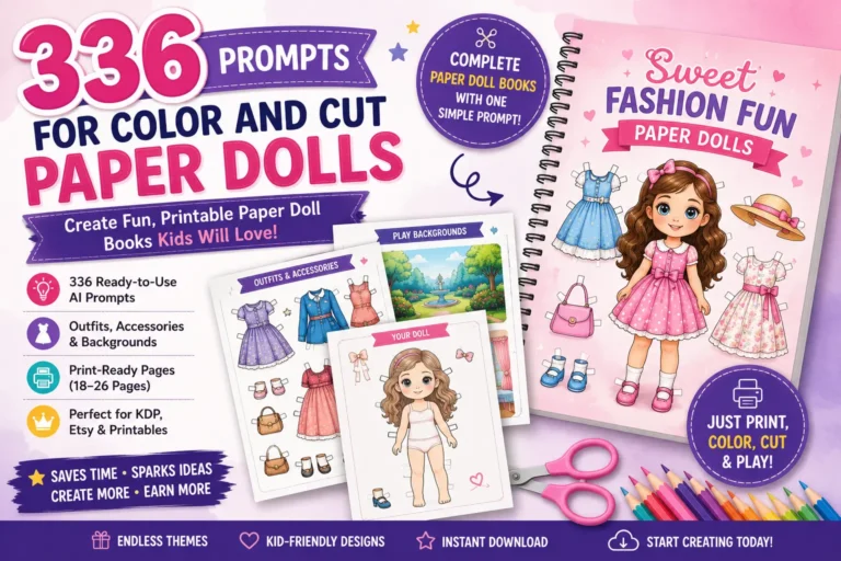 336 Prompts for Color and Cut Paper Dolls featured image showing printable paper doll templates, AI prompts, outfits, accessories, and activity book designs for Amazon KDP and Etsy sellers.
