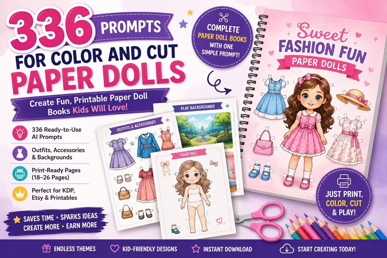 336 Prompts for Color and Cut Paper Dolls featured image showing printable paper doll templates, AI prompts, outfits, accessories, and activity book designs for Amazon KDP and Etsy sellers.