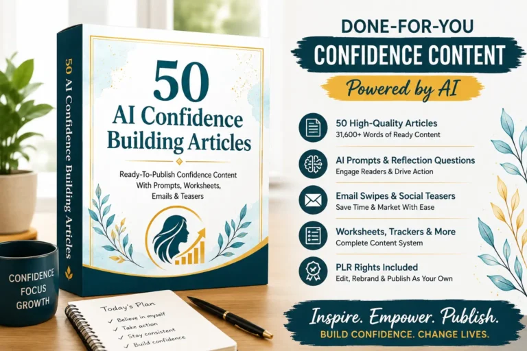 (PLR) 50 AI Confidence Building Articles featured image showing AI-powered confidence building PLR content with articles, prompts, worksheets, email swipes, and social media resources.
