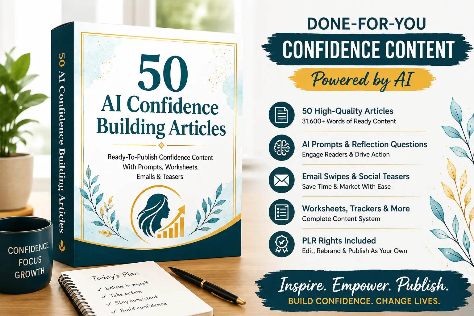(PLR) 50 AI Confidence Building Articles featured image showing AI-powered confidence building PLR content with articles, prompts, worksheets, email swipes, and social media resources.