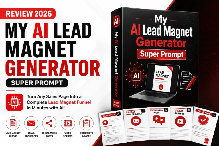 AI Lead Magnet Generator Review 2026 featured image showing the AI Super Prompt product box and marketing assets for affiliate marketers, bloggers, and content creators.