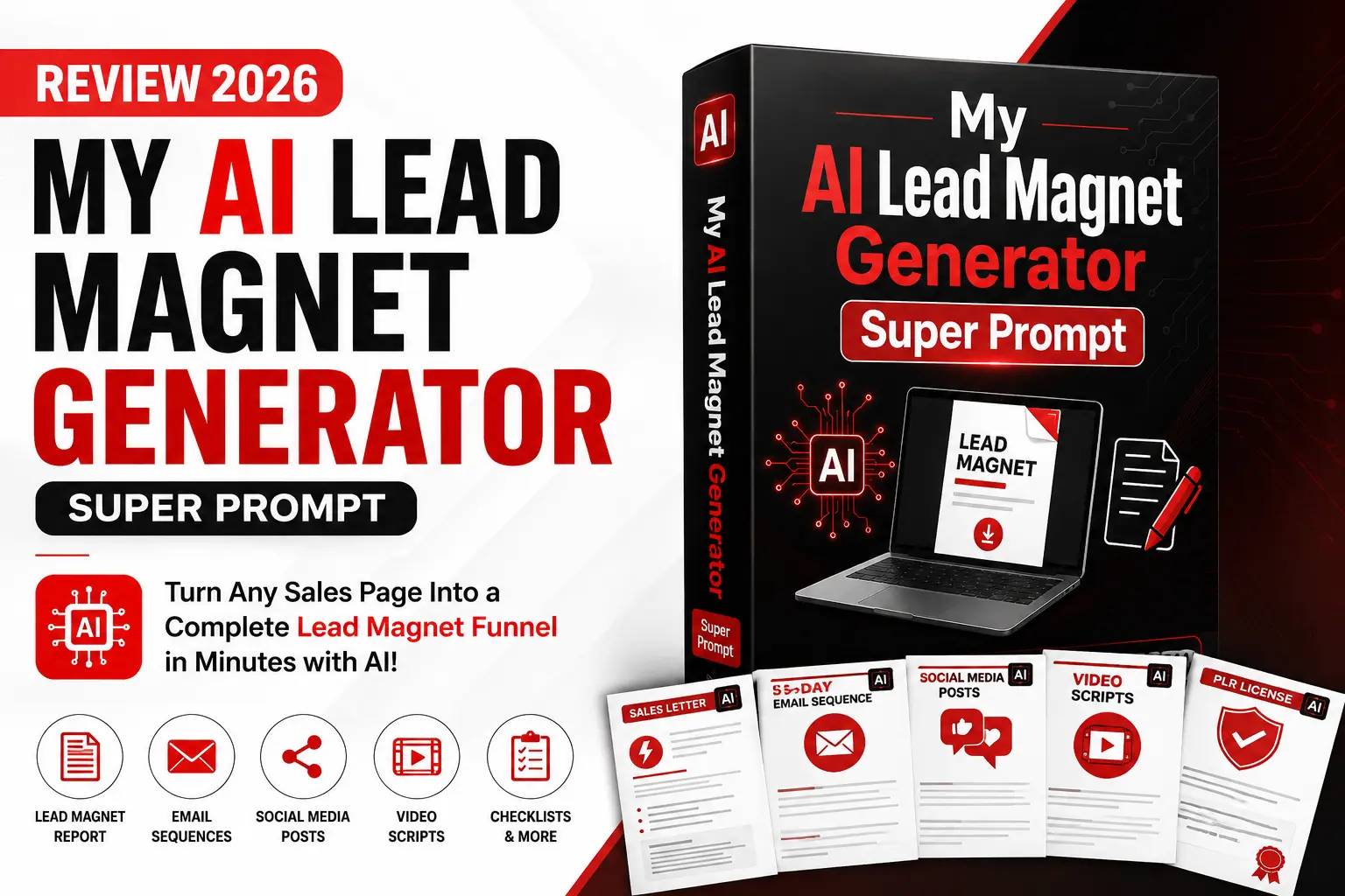AI Lead Magnet Generator Review 2026 featured image showing the AI Super Prompt product box and marketing assets for affiliate marketers, bloggers, and content creators.