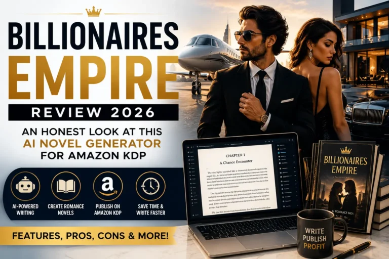 Billionaires Empire Review 2026 featured image showing an AI-powered Kindle novel generator with luxury romance theme, Amazon KDP publishing, and AI writing software.