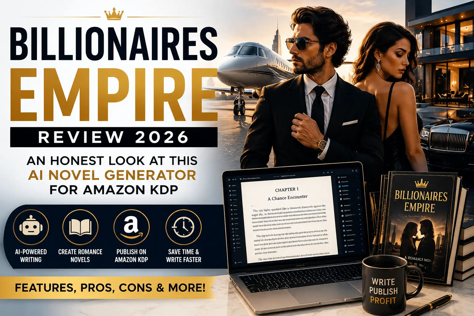 Billionaires Empire Review 2026 featured image showing an AI-powered Kindle novel generator with luxury romance theme, Amazon KDP publishing, and AI writing software.