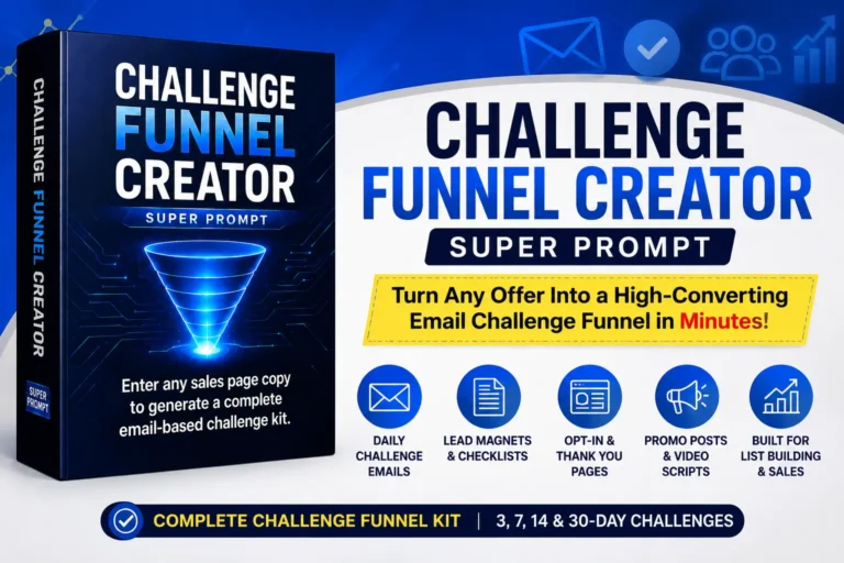 Challenge Funnel Creator Review 2026 featured image showing the AI Super Prompt software for creating email challenge funnels, lead magnets, daily challenge emails, and marketing assets.