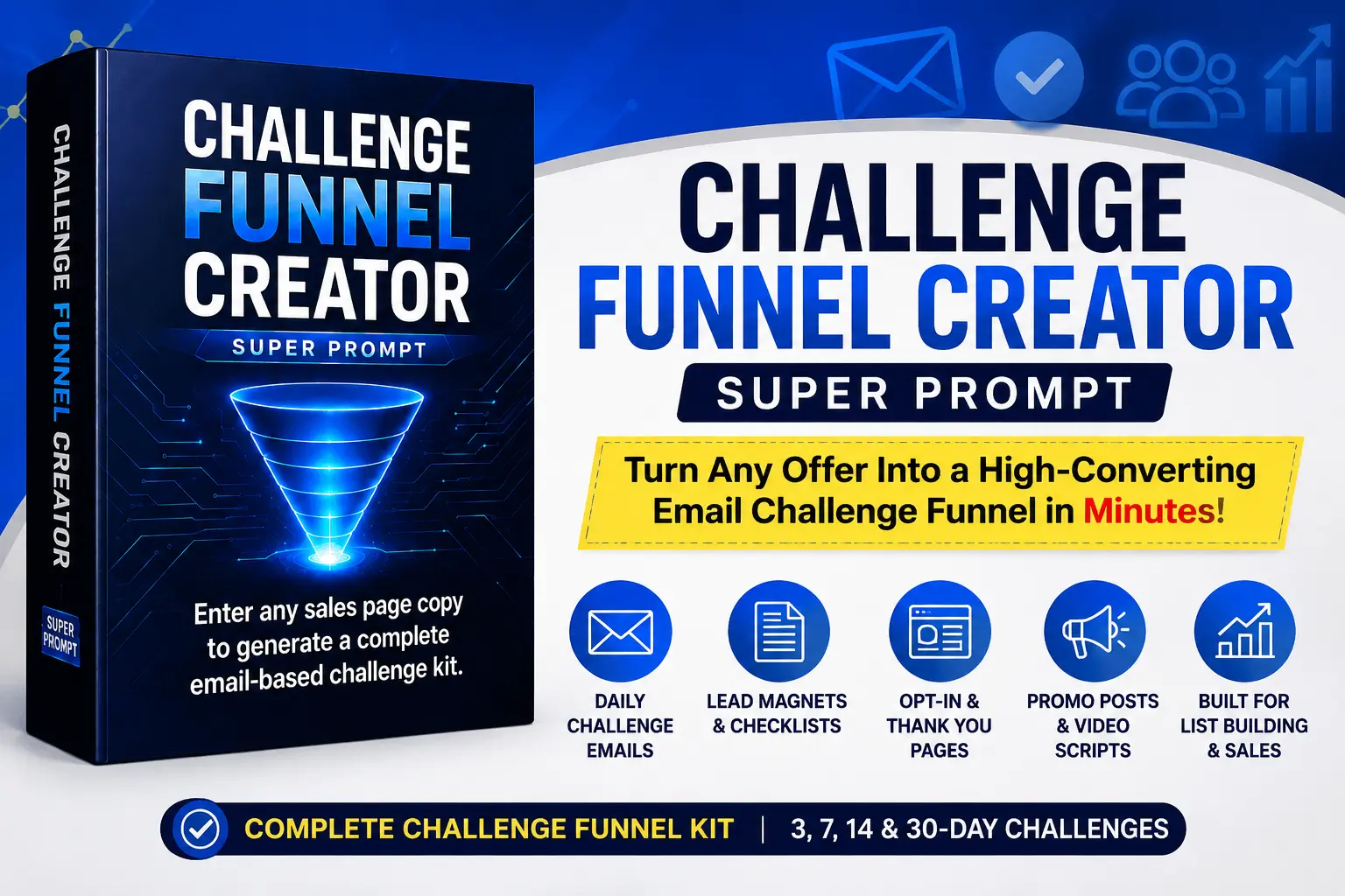 Challenge Funnel Creator Review 2026 featured image showing the AI Super Prompt software for creating email challenge funnels, lead magnets, daily challenge emails, and marketing assets.