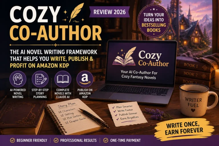 Featured image for Cozy Co-Author Review 2026 showing an AI-powered novel writing framework that helps writers create, publish, and sell Kindle books using Claude AI.