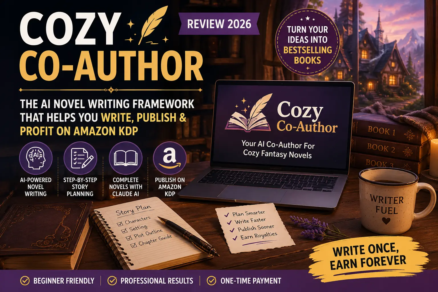Featured image for Cozy Co-Author Review 2026 showing an AI-powered novel writing framework that helps writers create, publish, and sell Kindle books using Claude AI.