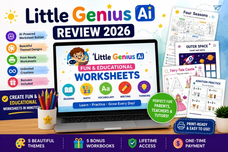 Little Genius AI Review 2026 featured image showing AI-powered educational worksheets, printable activities, and colorful learning resources for kids