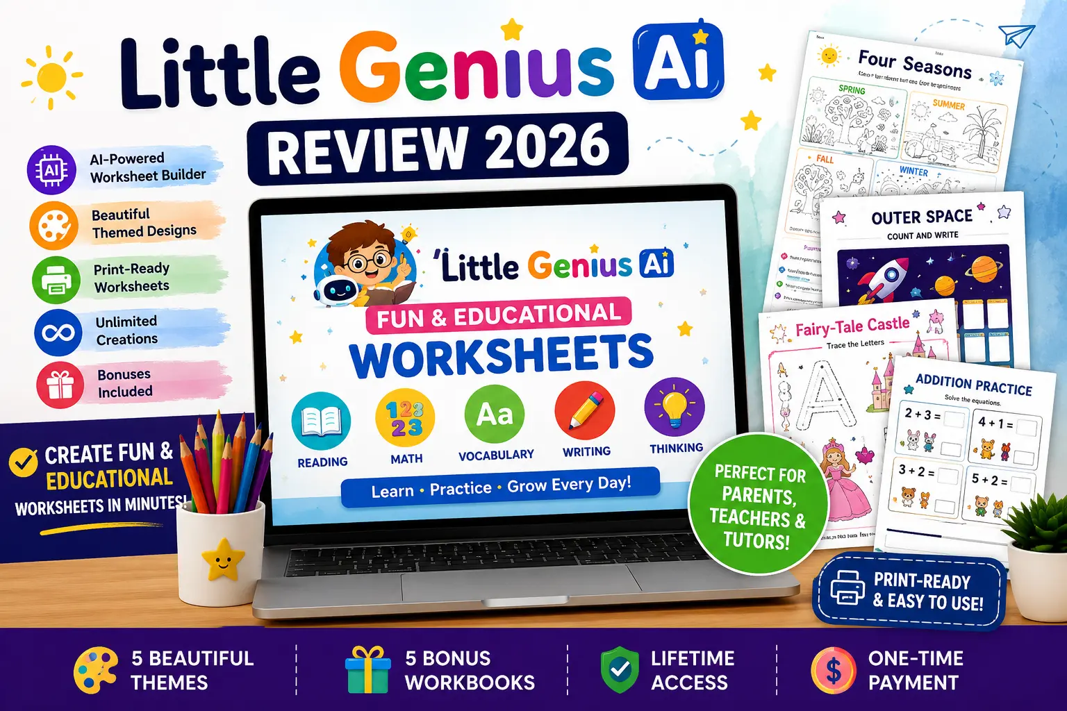 Little Genius AI Review 2026 featured image showing AI-powered educational worksheets, printable activities, and colorful learning resources for kids