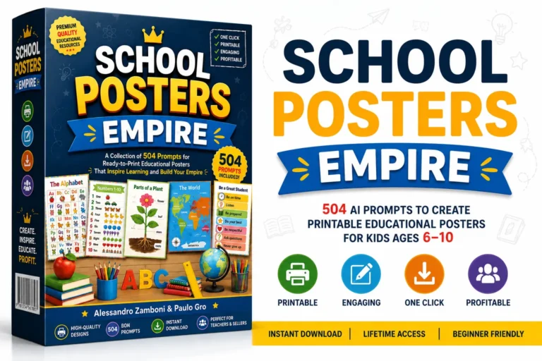 School Posters Empire featured image showing 504 AI prompts for creating printable educational posters for Etsy, Amazon KDP, and print-on-demand businesses.