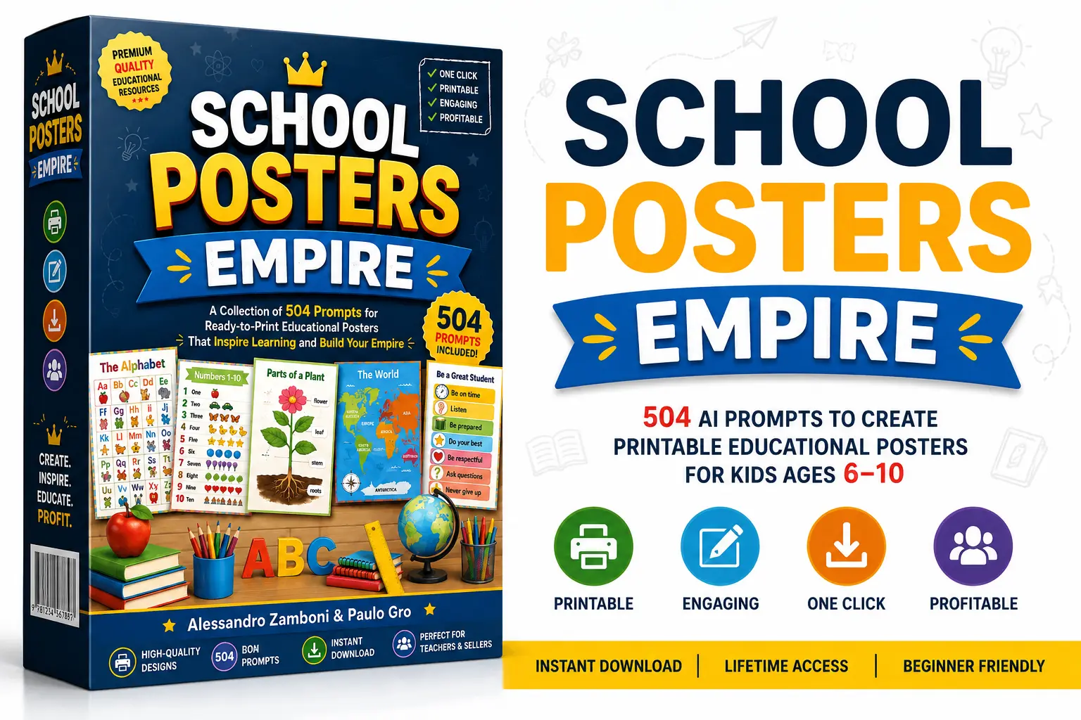 School Posters Empire featured image showing 504 AI prompts for creating printable educational posters for Etsy, Amazon KDP, and print-on-demand businesses.