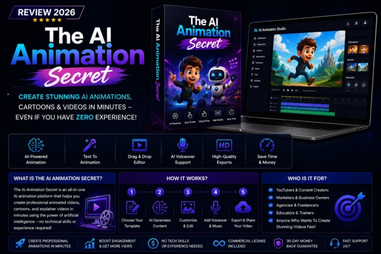 The AI Animation Secret dashboard showing AI-powered animation creation for YouTube, social media, and marketing videos
