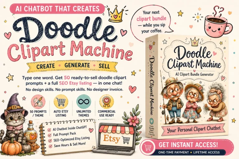 The Doodle Clipart Machine AI chatbot featured image showing Etsy clipart bundle generator, AI prompts, SEO Etsy listings, and digital product creation workflow.