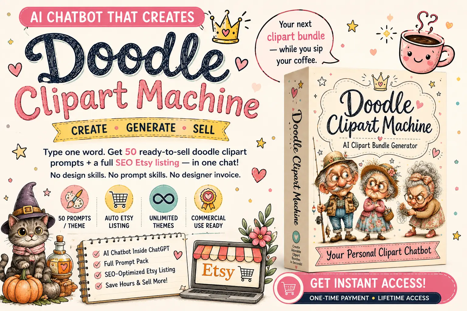 The Doodle Clipart Machine AI chatbot featured image showing Etsy clipart bundle generator, AI prompts, SEO Etsy listings, and digital product creation workflow.