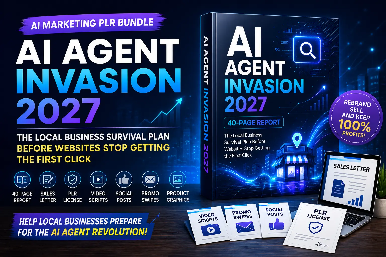 AI Agent Invasion 2027 review featured image showing the AI marketing PLR bundle designed to help local businesses prepare for AI search and AI agents.