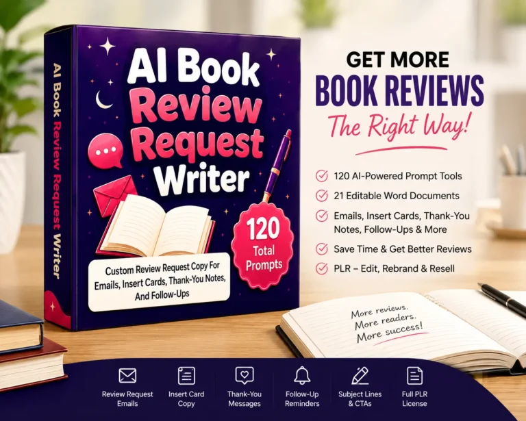 AI Book Review Request Writer Review featured image showing an AI-powered PLR toolkit for creating book review request emails, follow-up messages, insert cards, and thank-you notes.