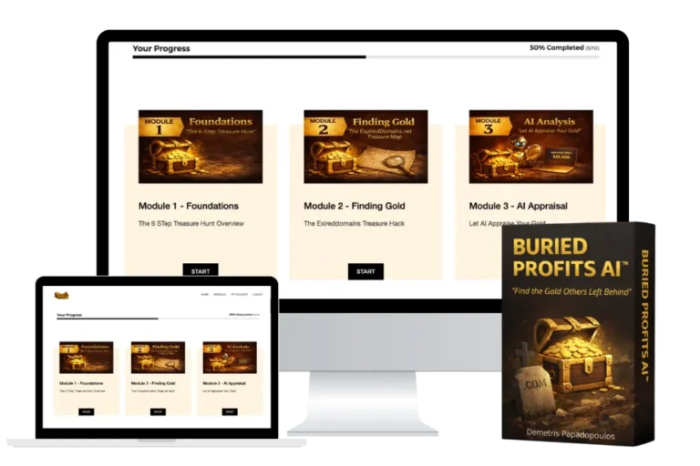 Buried Profits AI software showing expired domain flipping system with AI website rebuilding and passive income strategies