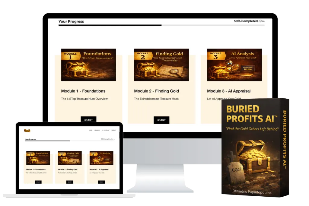 Buried Profits AI software showing expired domain flipping system with AI website rebuilding and passive income strategies