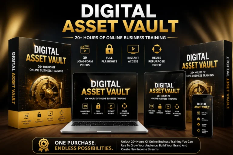 Digital Asset Vault PLR Bundle Review featured image showing 20+ hours of online business training, 39 video lessons, and full PLR rights for content creators and marketers.