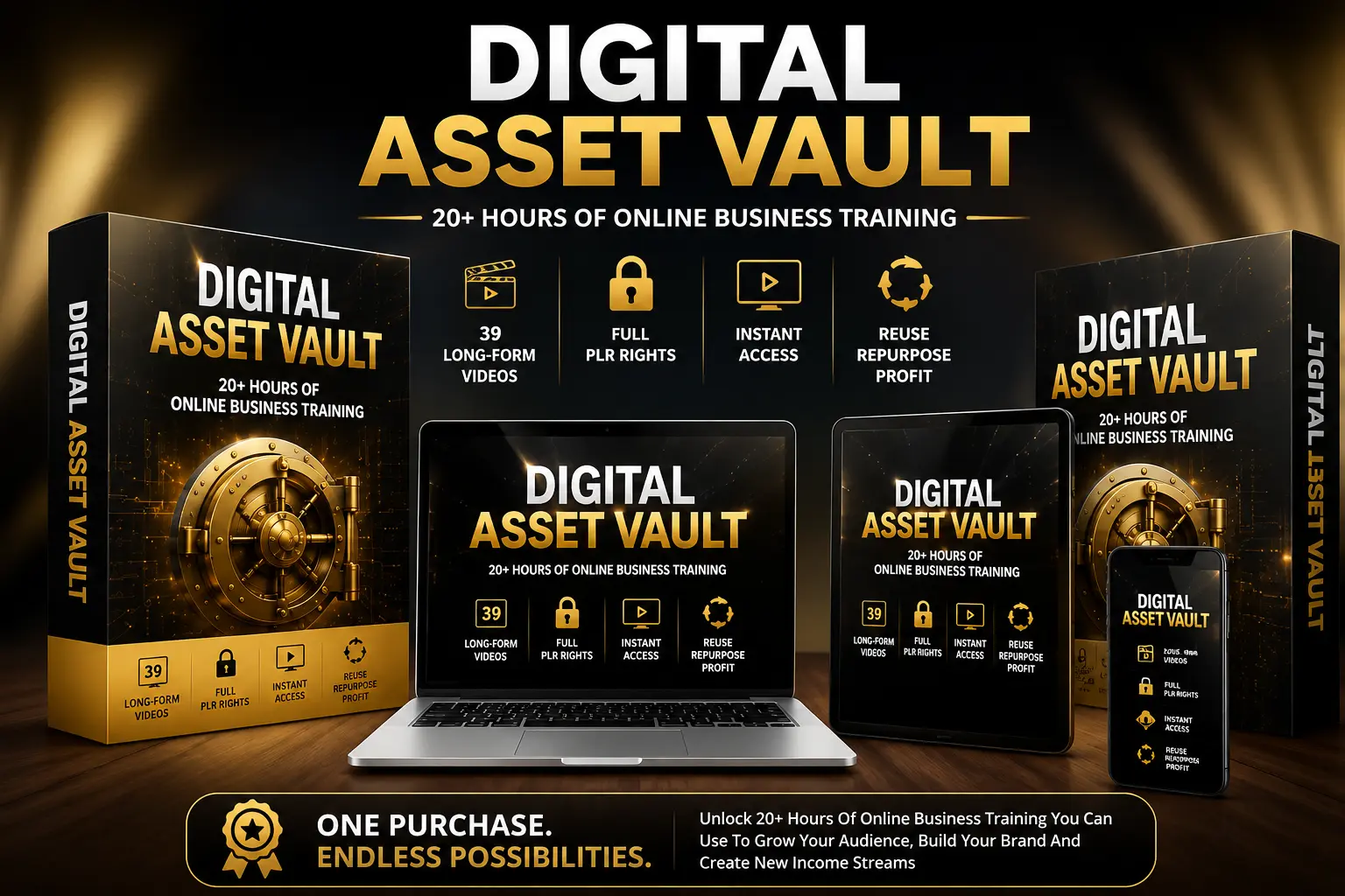 Digital Asset Vault PLR Bundle Review featured image showing 20+ hours of online business training, 39 video lessons, and full PLR rights for content creators and marketers.