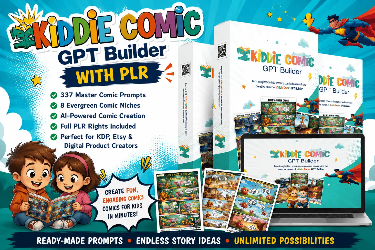 Kiddie Comics GPT Builder with PLR featured image showing AI-powered children's comic creator for Amazon KDP, Etsy sellers, and digital product creators.