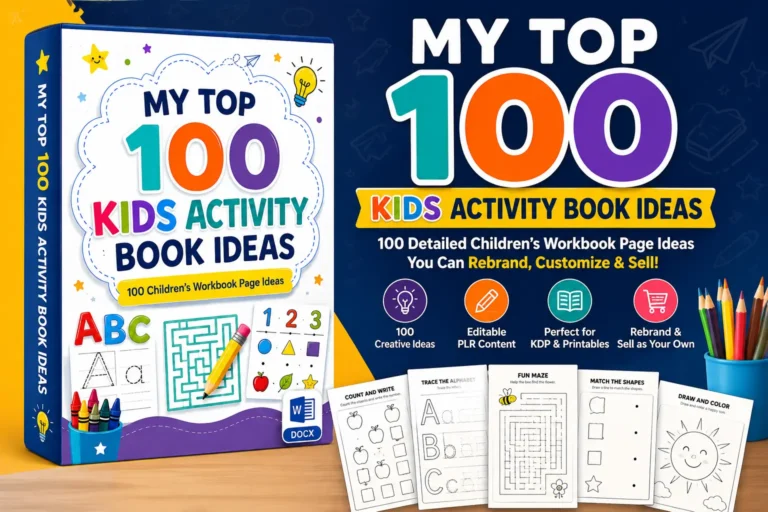 My Top 100 Kids Activity Book Ideas Review featured image showing a PLR idea vault with 100 detailed children's workbook page ideas for KDP publishers, printable creators, and educators.