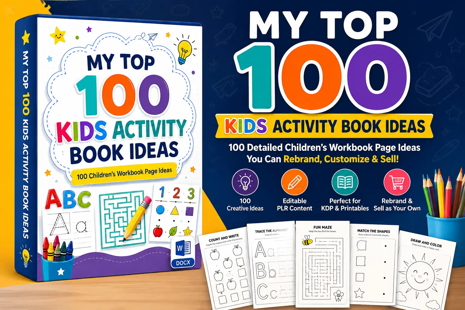 My Top 100 Kids Activity Book Ideas Review featured image showing a PLR idea vault with 100 detailed children's workbook page ideas for KDP publishers, printable creators, and educators.