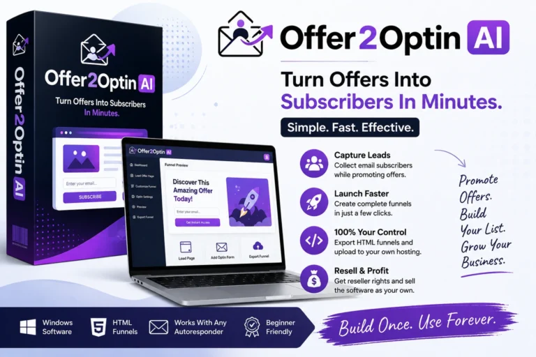 Offer2Optin AI Reseller featured image showing a Windows desktop funnel builder for creating lead capture pages and growing email subscribers.