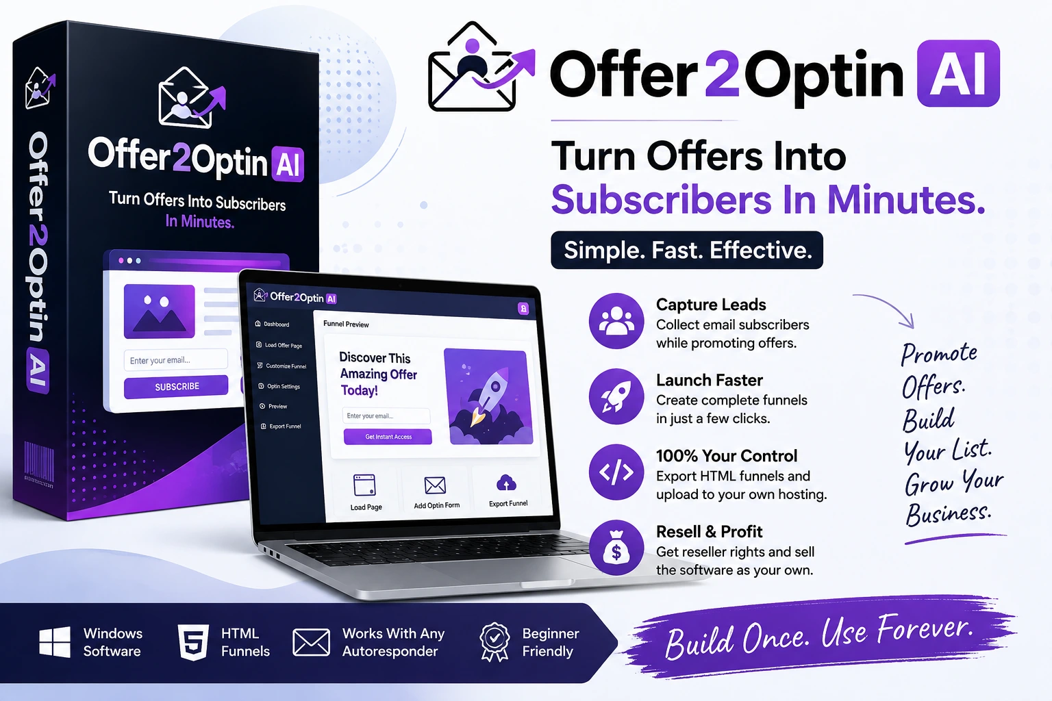 Offer2Optin AI Reseller featured image showing a Windows desktop funnel builder for creating lead capture pages and growing email subscribers.
