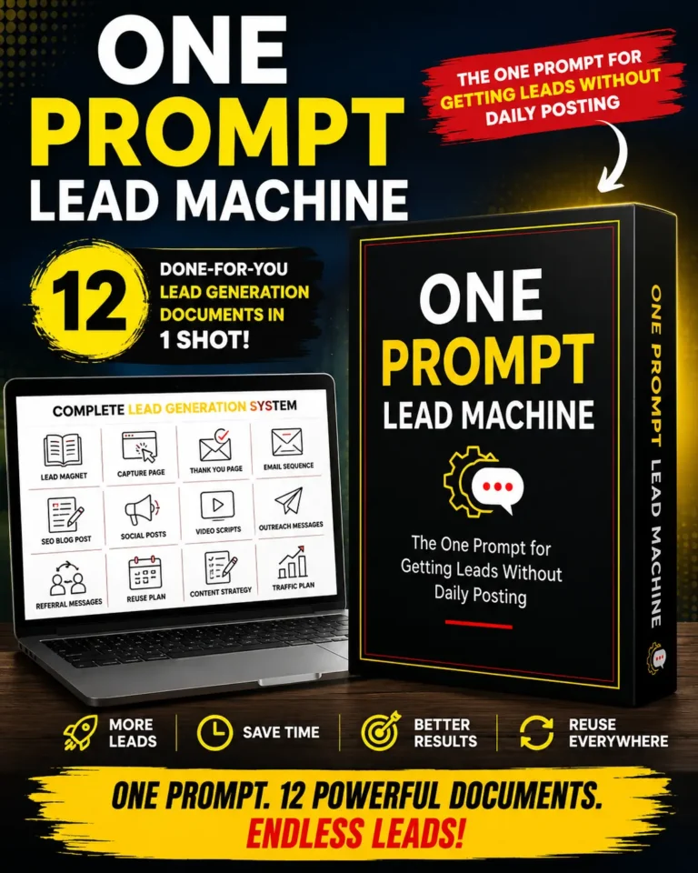 One Prompt Lead Machine Review featured image showing an AI-powered PLR lead generation system that creates 12 marketing documents from a single prompt.