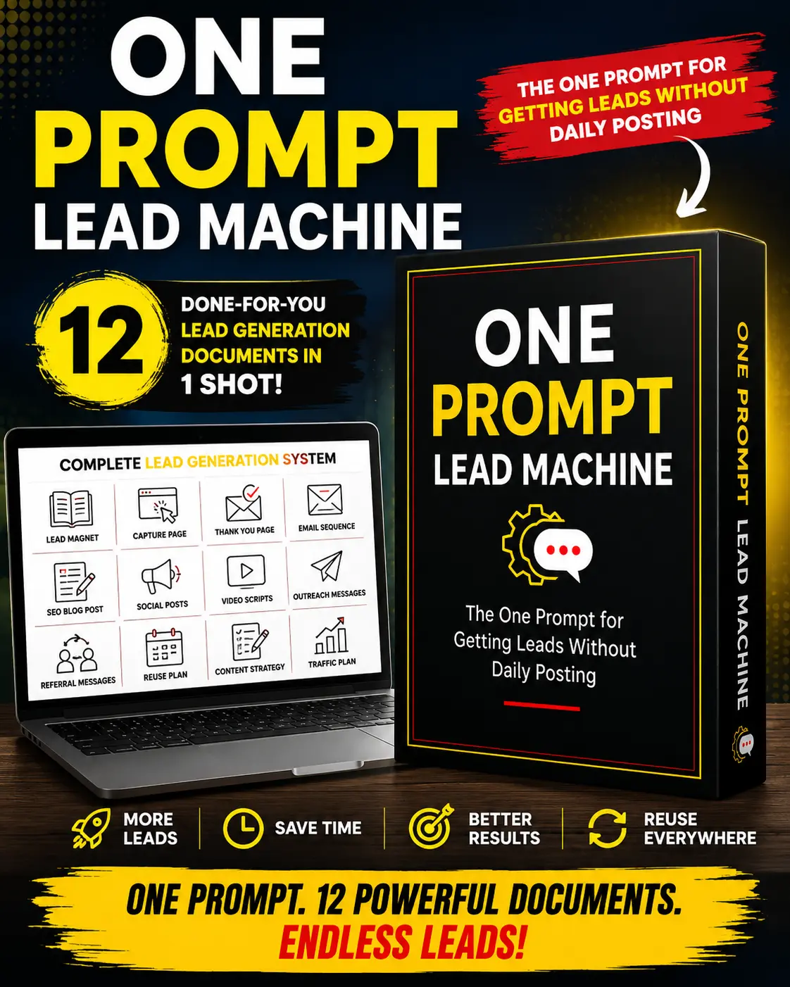 One Prompt Lead Machine Review featured image showing an AI-powered PLR lead generation system that creates 12 marketing documents from a single prompt.