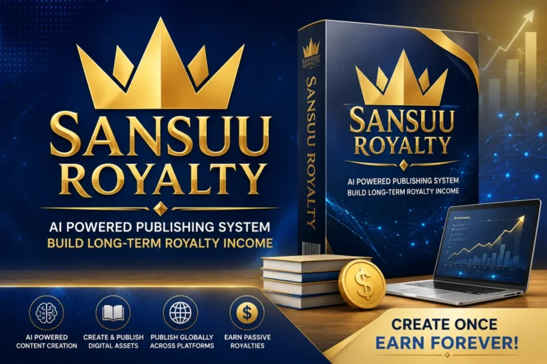 Sansuu Royalty software dashboard showing AI powered digital publishing system for creating royalty based passive income online