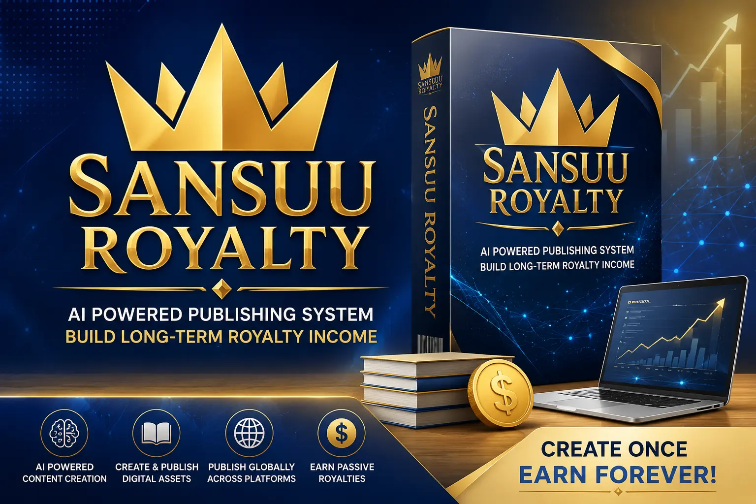 Sansuu Royalty software dashboard showing AI powered digital publishing system for creating royalty based passive income online