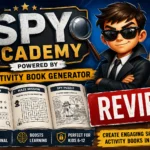 Spy Academy Powered by Activity Book Generator Review featured image showing an AI-powered tool for creating spy-themed children's activity books with puzzles, mazes, missions, and printable games.