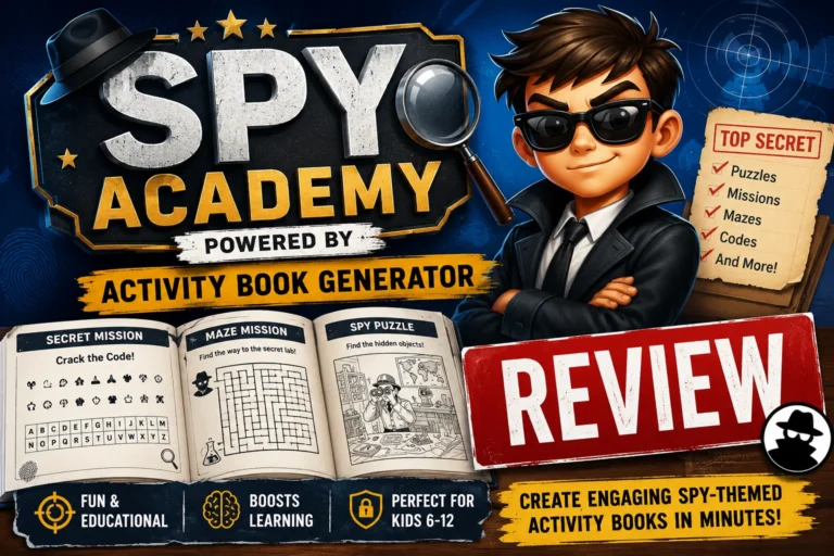 Spy Academy Powered by Activity Book Generator Review featured image showing an AI-powered tool for creating spy-themed children's activity books with puzzles, mazes, missions, and printable games.
