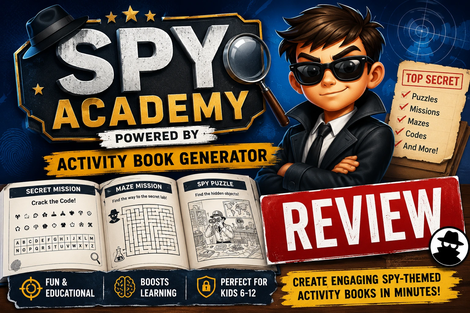 Spy Academy Powered by Activity Book Generator Review featured image showing an AI-powered tool for creating spy-themed children's activity books with puzzles, mazes, missions, and printable games.