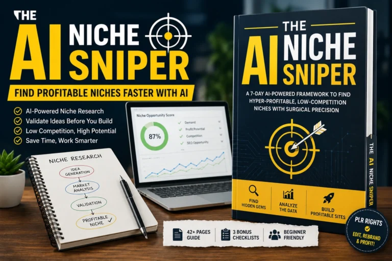 The AI Niche Sniper PLR featured image showing an AI niche research guide for bloggers, affiliate marketers, and digital entrepreneurs.