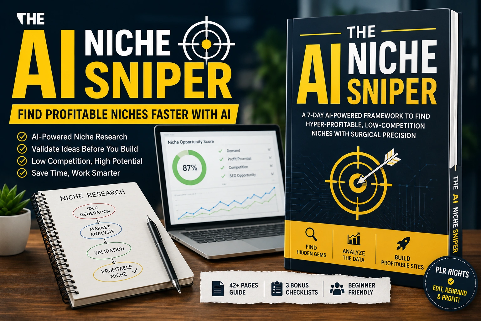 The AI Niche Sniper PLR featured image showing an AI niche research guide for bloggers, affiliate marketers, and digital entrepreneurs.