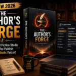 The Author's Forge AI Fiction Studio dashboard and software box featured in a 2026 review for Kindle book publishing.