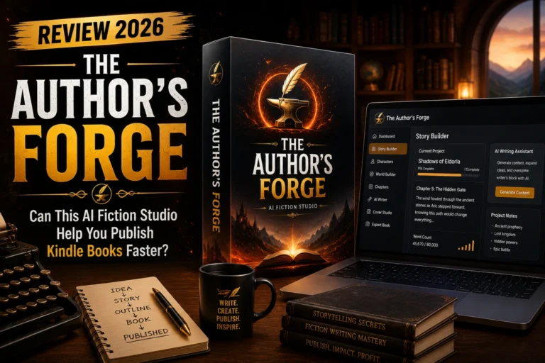 The Author's Forge AI Fiction Studio dashboard and software box featured in a 2026 review for Kindle book publishing.
